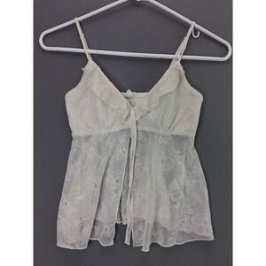 Garage Sheer Mesh Babydoll Camisole Floral Lace Top XXS White Ruffle Tie Front
